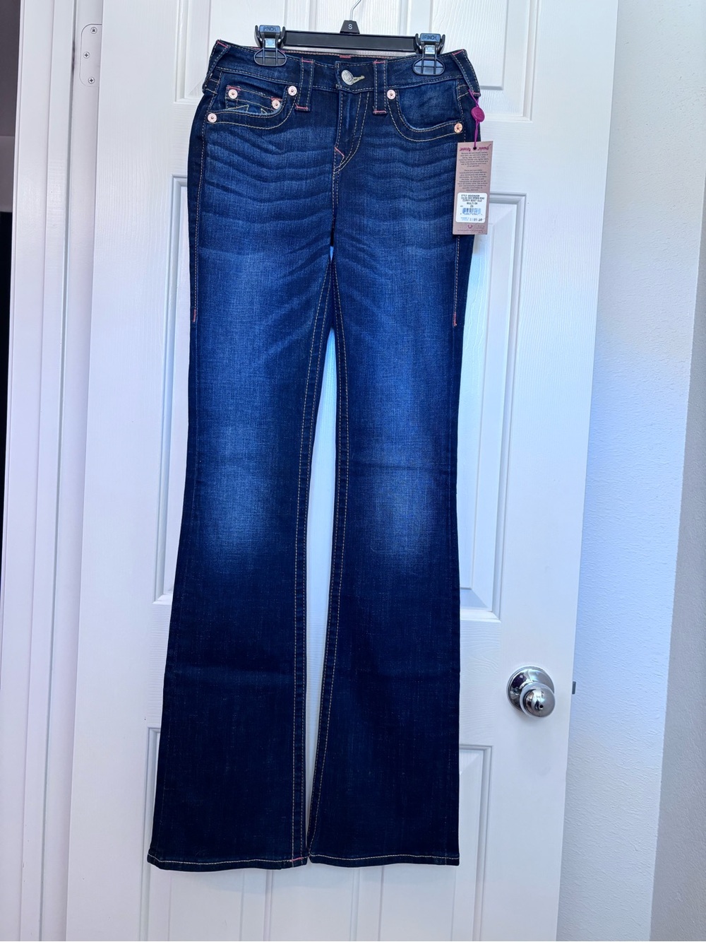 True Religion Women's Dark Blue Flare Bootcut Jeans with Contrast Stitching